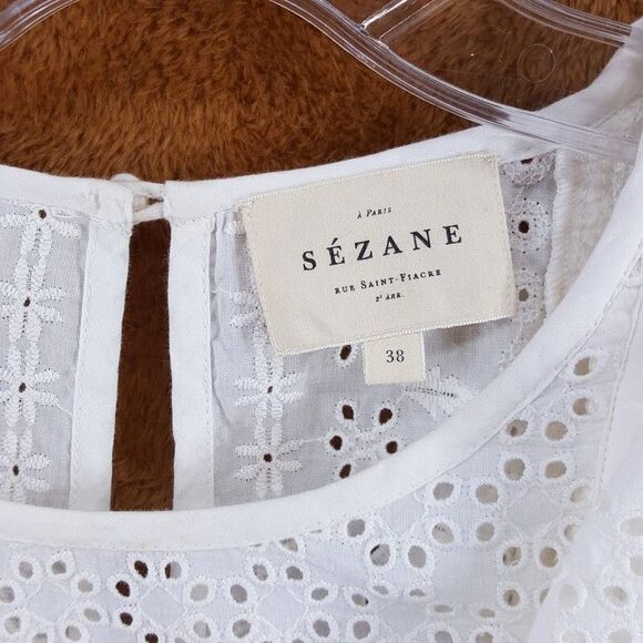 SEZANE Shift Dress Womens Size 38 White Eyelet Pullover Tiered Peasant ALEXANE - Picture 2 of 7